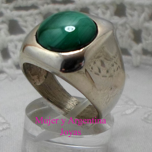 Anillo Macizo De Plata Grande Con Piedra Malaquita. Nro18