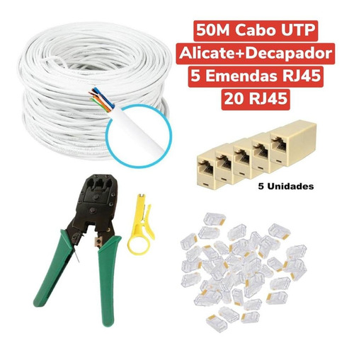 Kit 50m De Cabo Rede +20 Plug Rj45 +1 Alicate + 5 Emendas