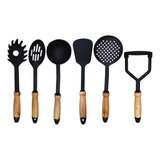 Set X 6 Utensilios De Cocina Mango Madera Punta Nylon