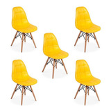 Conjunto 5 Cadeiras Dkr Charles Eames Wood Estofada Botonê Cor Amarela