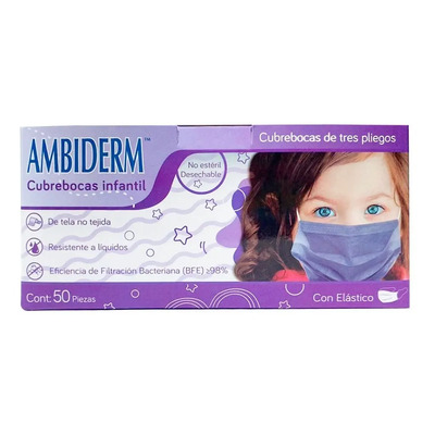 Cubrebocas Infantil Ambiderm 3 Pliegos Plisado Caja C\u002F50pz Color Violeta | MercadoLibre