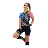 Conjunto Ciclismo Macaquinho Feminino Hupi Preto Azul Rosa