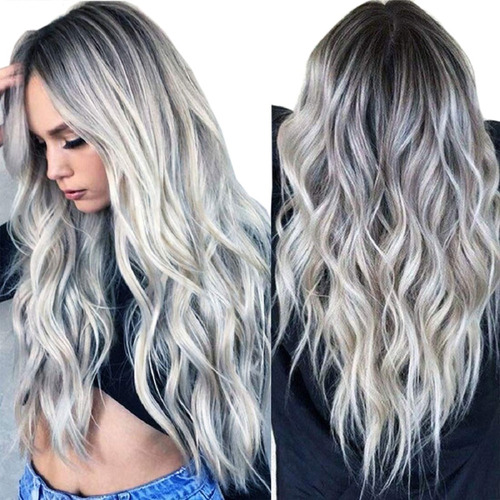 Peluca Larga De Mujer Color Gris Degradado Pelo Ola Natural