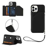 Funda Cartera Para iPhone 13 Pro Max Negro Con Correa De Muñ