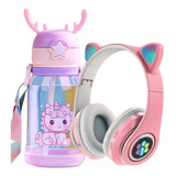 Fone De Ouvido Infantil Bluetooth Gatinho + Garrafinha 600ml