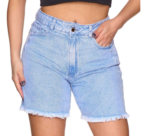 Shorts Jeans Feminino Meia Coxa Bermuda Cintura Alta