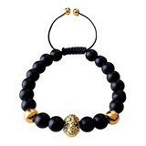 Pulsera León Hombre Ónix Mate Y Chapa De Oro 14k Ajustable