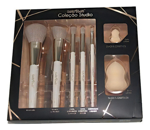 Kit 5 Pinceis Maquiagem 2 Esponjas Macrilan Coleção Studio Cs100