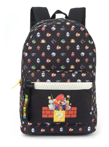 Mochila Super Mario Bros Grande Preta Escolar Passeio  