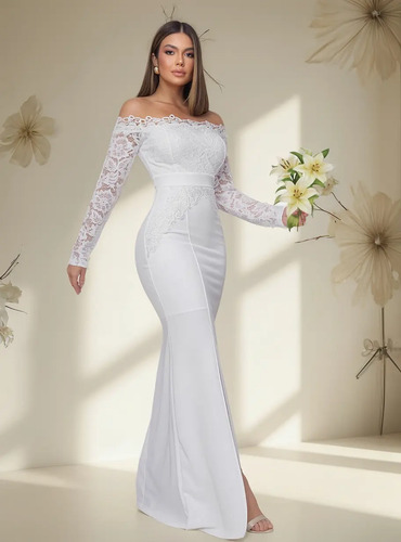 Vestido Longo Noiva Casamento Civil Ombro Ombro Renda Festa | Parcelamento sem juros