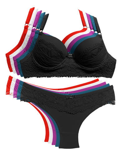 Kit 5 Conjuntos Lingerie Luxo Calcinha Sutiã Bojo Atacado  