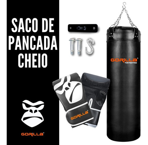 Kit Saco De Pancada 70 Cm Cheio + Luva Pro Suporte Gorilla Cor Preto