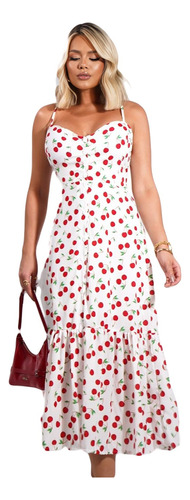 Vestido Cereja Cherry Pin Up Mid Botão Central Regata Alça 