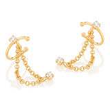 Brinco Folheado Ouro Ear Cuff Pedras Com Corrente Estiloso