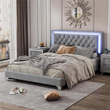 Cama Queen Con Luces Led Y Cabecero De Terciopelo - Gris