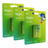 3 Pilha Bateria 9v Alcalina Elgin Cartela Blister Sonic