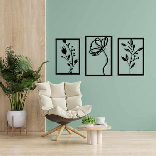 Cuadro Triptico Flores Grandes Deco. Calado Fibrofacil Negro