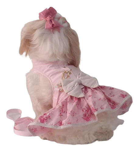 Coleira Roupa Pet Vestido Com Guia Rosa Spitz Shitzu Maltes