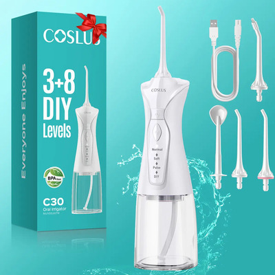 COSLUS C30 Irrigador Bucal,Irrigador Dental Profesional con 4 Boquillas,4 Modos water flosser,IPX7 Impermeable, Limpiador Bucal Portátil Limpiadores de Lengua hilo dental, higiene bucal irrigador oral | Meses sin interés