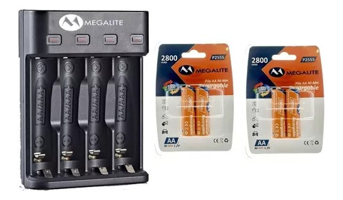 Kit Cargador Inteligente + 4 Pilas Megalite 2800mah Rs Mejia