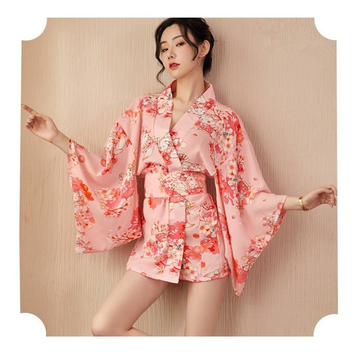Set Bata Kimono Japonés Gasa Corto Sexy Moda Estilo Oriental