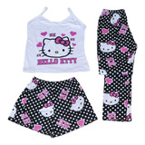 Pijama Hello Kitty Blck 3 Pzas Blusa Tirantes Short Pantalón