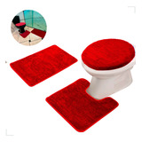 Kit 2 Conjuntos Banheiro Tapete Preto Jogo - Vermelho