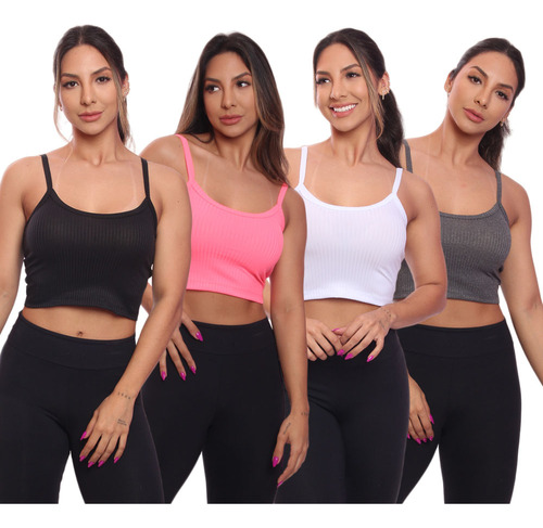 Kit 4 Top Cropped Alcinha Canelado Feminino Liso Blusinha