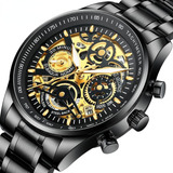 Reloj Impermeable De Lujo Nibosi Hollow Out Para Hombre Fondo Negro/oro