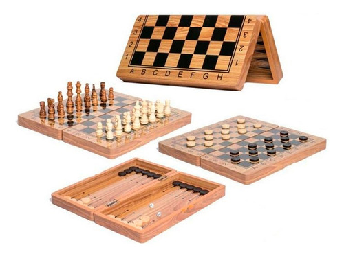 Juego De Mesa Damas Ajedrez Backgammon Tablero 23cm Madera