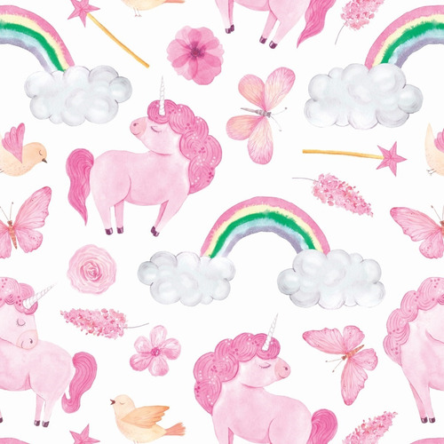 Papel De Parede Adesivo Unicórnio Rosa E Arco-íris Bebê 6m