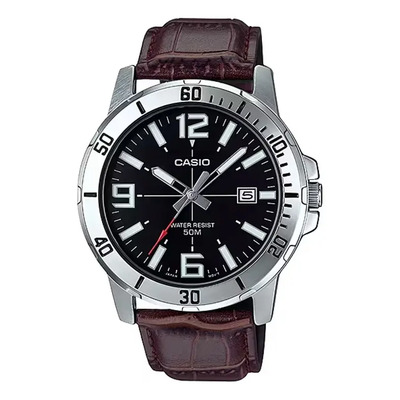 Reloj Casio Mtpvd01 L1b Hombre Correa Fechador Correa Marrón Bisel Negro Fondo Negro MTP-VD01L-1B | Meses sin interés
