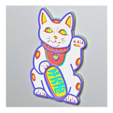 Cuadro Decorativo Gato Suerte Chino Maneki Colorido Madera