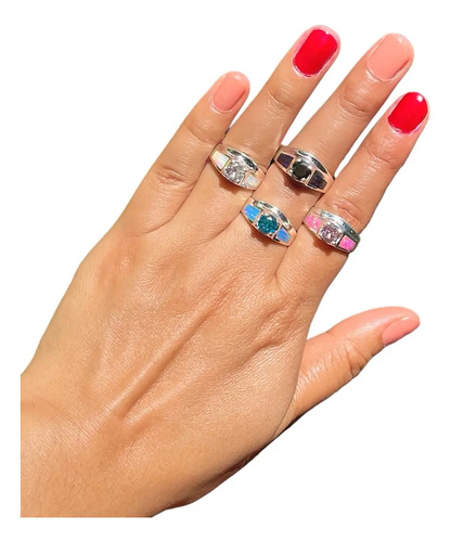 Anillo Solitario Ópalo Circonia Colores En Plata De Ley .925