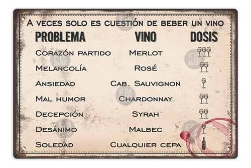 Frase Problema/vino Cartel Chapa  Deco Quincho 20x30cm