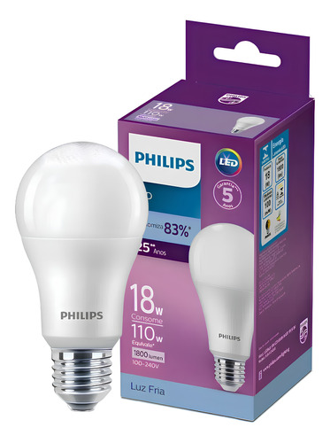 Kit 5 Lampada Led Bulbo 18w 6500k 1800lm Bivolt E27 Philips