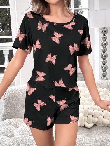 Conjunto De Pijama Cómodo Y Suave Con Estampado De Mariposas