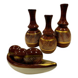 Jogo Ceramica Decorativo Centro Mesa Sala Enfeite Conjunto Cor Cristal Marrom Dourado