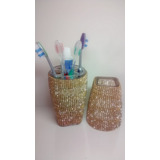 Porta Sabonete Liquido Em Strass + Porta Escova De Dentes 