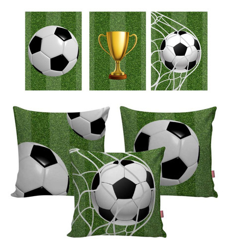 Kit 3 Quadros + 3 Capas Almofadas Futebol Campo Verde Bola