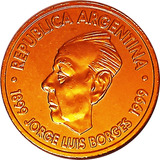 Argentina Moneda 2 Pesos Borges Año 1999 Bañada Con Oro 24k 