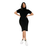 Vestido Plus Size Preto  Gola Alta Manga Curta Canelado Midi