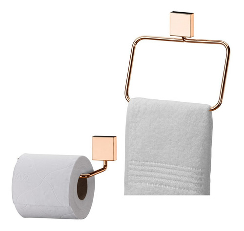 Kit Banheiro Papel Higiênico Porta Toalha Argola - Rosé Gold