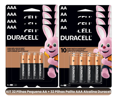 Kit 64 Pilhas Duracell Aa 32-uni Mais Aaa 32 Uni Cartela C 8