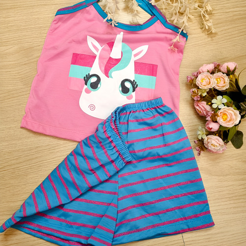 1x Pijama Infantil Curto Alcinha Estampas Menina Verão