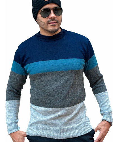 Camisa Suéter Masculino Listrada Gola Careca Outono Inverno