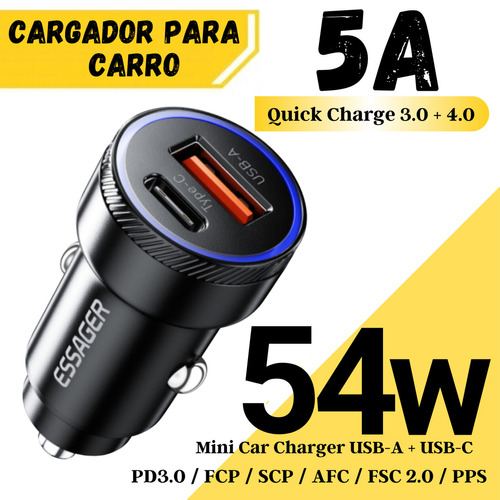 Cargador Carro Essager 54w Usb-c + Usb-a Carga Rápida Para iPhone - Xiaomi 27w/ Samsung 36w/ Huawei - Oppo - Realme 22.5w