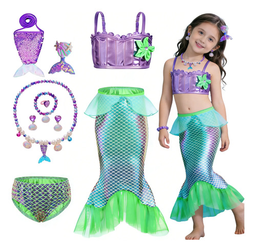 Traje De Baño De Sirena Para Niña, Bikini Bonito Con Accesorios, Vestido Infantil Para Piscina, Halloween, Carnival, Fiesta De Cumpleaños Y Cosplay. | Envío gratis