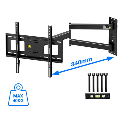 Soporte TV Esquina Brazo Largo 84cm, Giro 180°, Inclinación +10°\u002F-10°, VESA 100x100-400x400mm, Soporta 40kg, Pared Concreto\u002FLadrillo\u002FMadera, Estructura Reforzada, Ideal Espacios Angostos | Meses sin interés