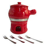 Aparelho Panela Ceramica Fondue Vermelho C/ 4 Garfos 